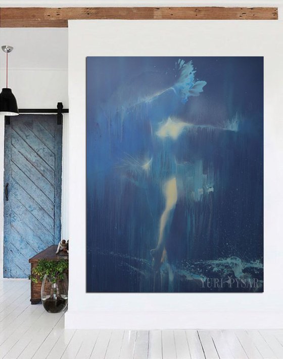 Abstract figurative painting - Dancing in the Blue Rain