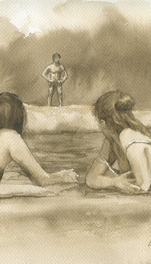 Beach love triangle / ORIGINAL watercolor 12.2x9.1in (31x23cm). ( Monochrome painting with sepia) by Olha Malko