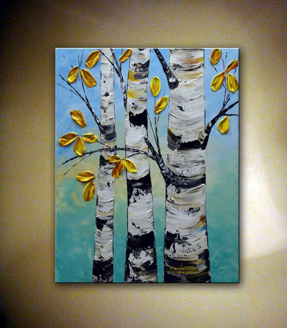 Aspen Tree Painting, Blue Sky, Impasto Tree Art, Yellow Leaves