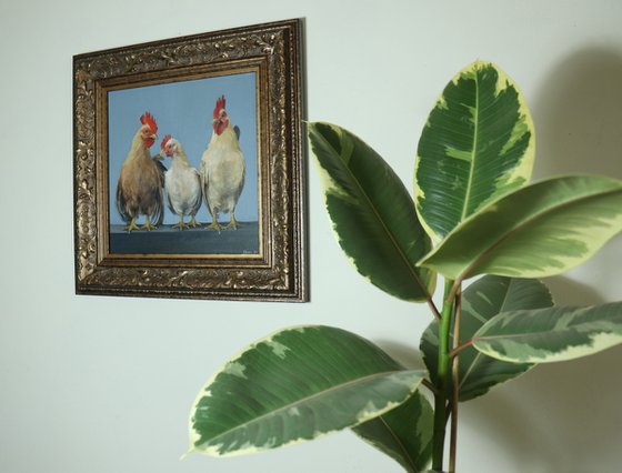 Chickens in a Row, Chicken Painting, Animal Artwork, Nature Wall Decor Framed and Ready to Hang Oil Painting by Alex Jabore Active