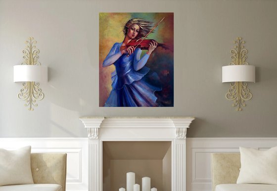 Violinist in a Blue Dress- 80 x 100cm Original Oil Painting