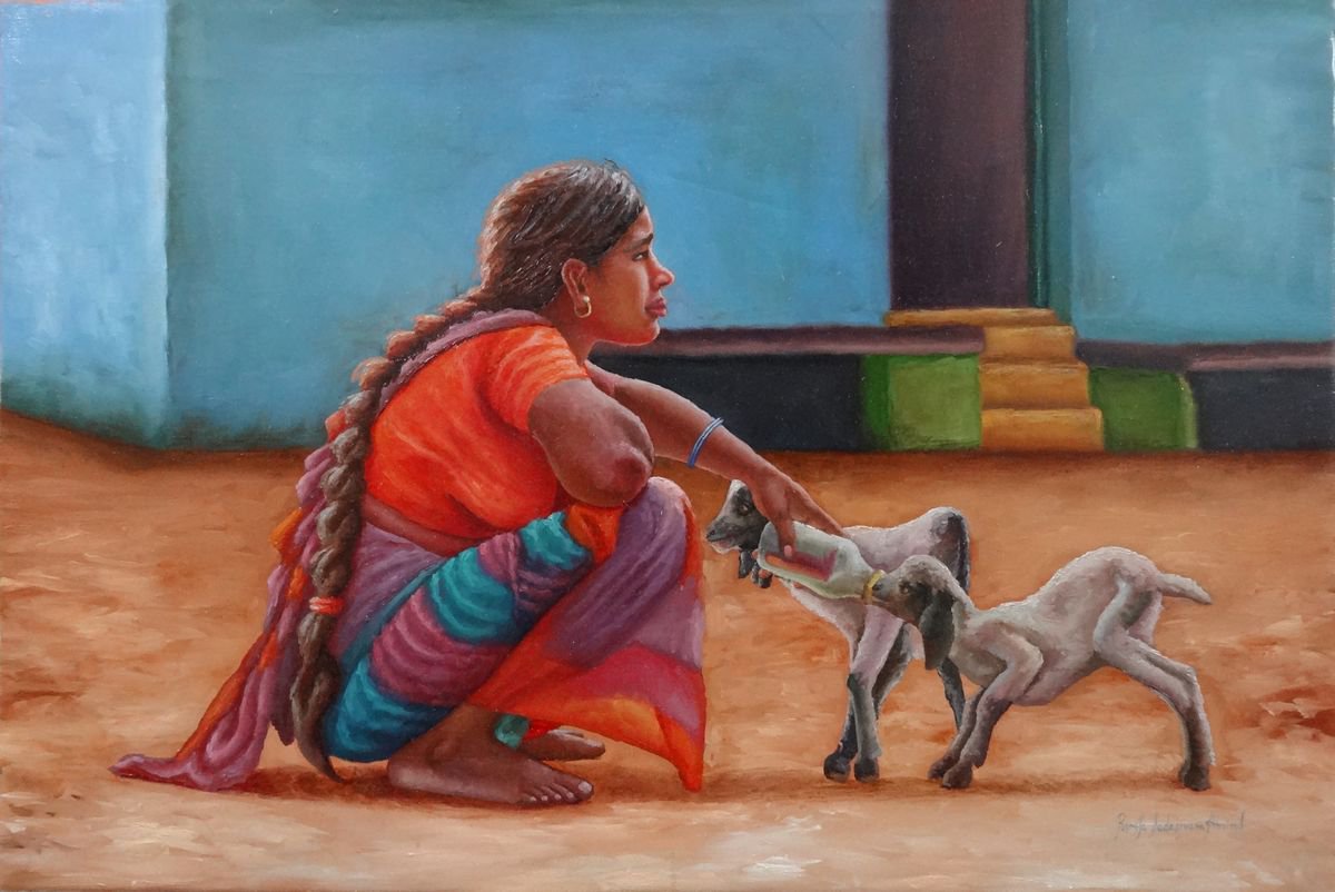 Woman petting Goats by Ramya Sadasivam