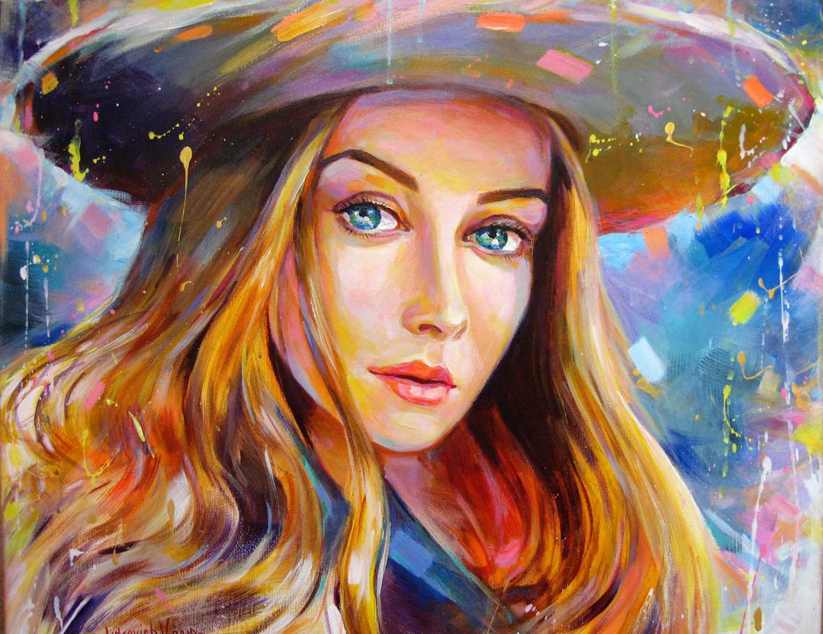 Impressionistic Portrait Acrylic Painting By Vladimir Lutsevich, 22 X 18", Girl With Blue Eyes, Original Artwork