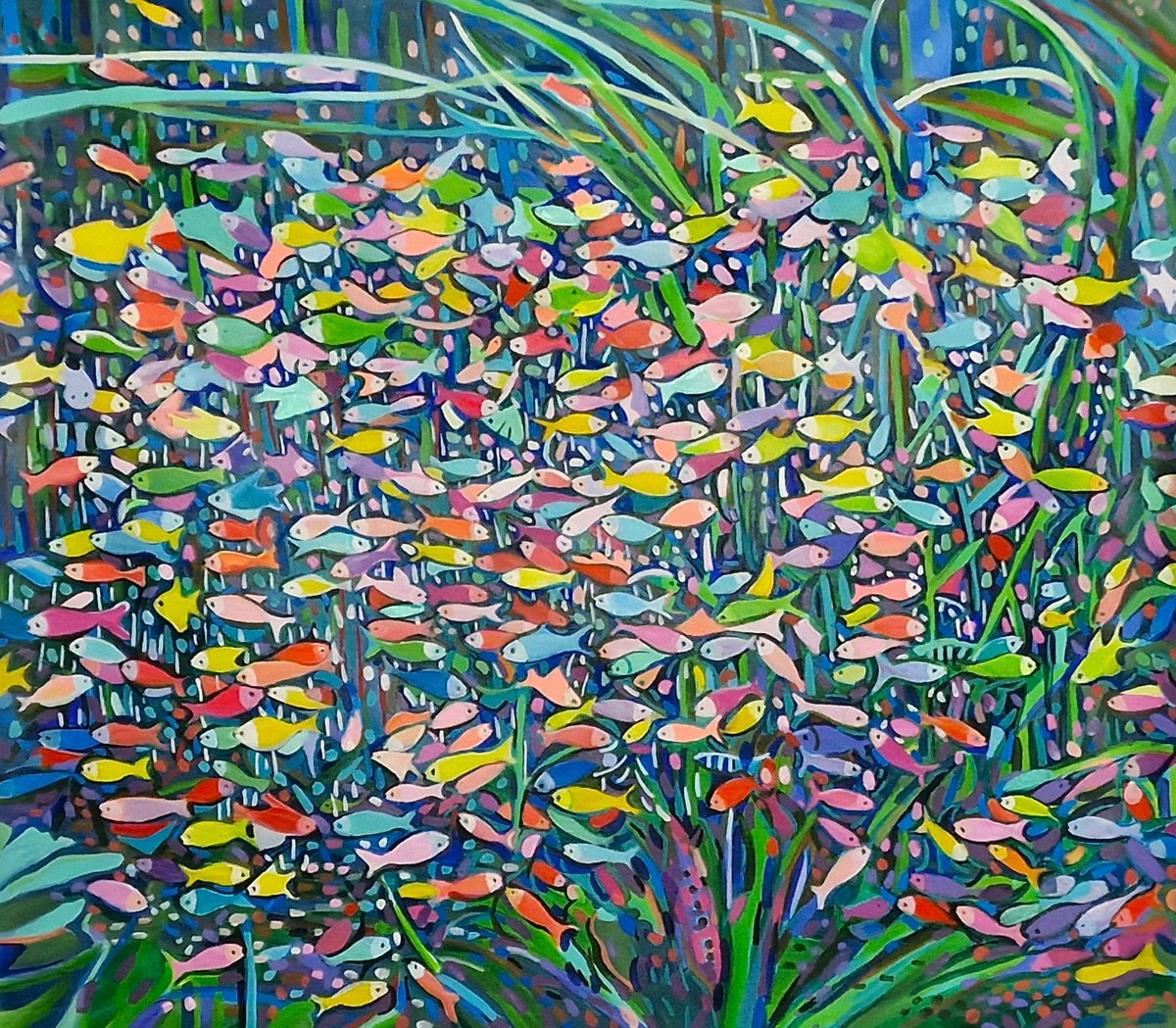 Organic Animal Acrylic Painting By Alexandra Djokic, 44 X 39, Aquarium, Original Artwork