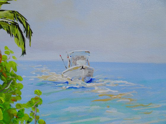 TROPICAL PARADISE. Florida Beach and Fishing Boat Painting.