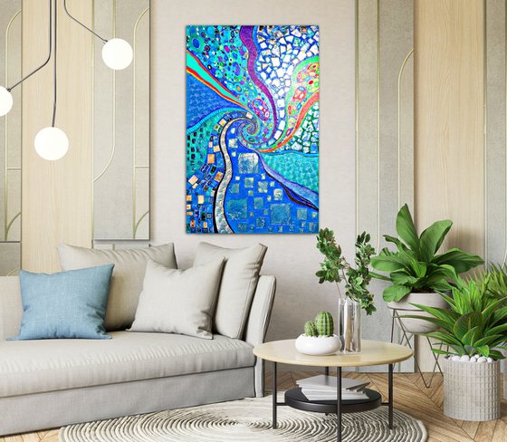 Large turquoise blue abstract painting. Vivid spiral abstract sea \ ocean wave.