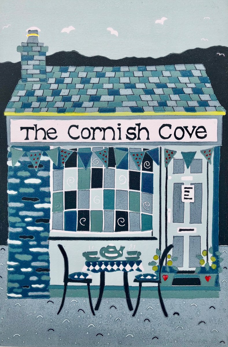 Linocut , Cornish Cafe By Nathalie Pymm Art, 8 X 12, Artwork For Sale On Artfinder