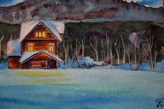 Winter watercolor painting Sunset snowy cabin house