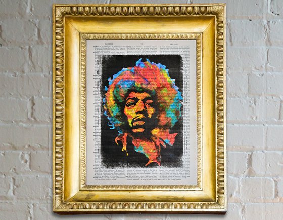 Jimi Hendrix - Collage Art on Large Real English Dictionary Vintage Book Page