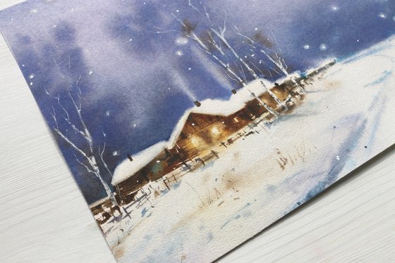 Evening in the village. Winter landscape. Original watercolor artwork.