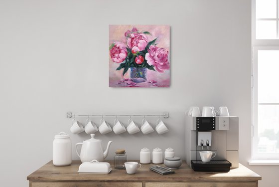 Delicate Pink and Wjite Peonies in a glass still life