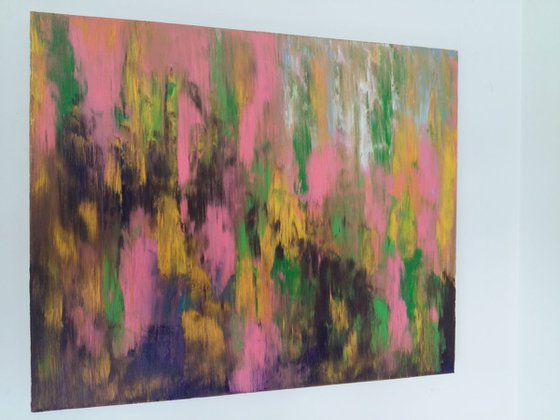 Abstraction Summer memories, original oil painting, 60×50 cm, FREE SHIPPING / yellow / pink / brown / green