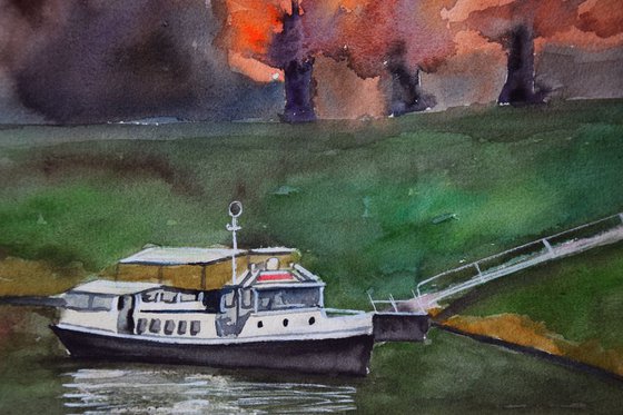 Watercolor painting Boat on the Danube river in small Austrian town