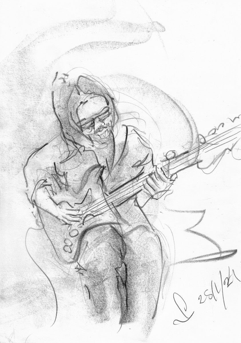 Expressive Portrait Pencil Drawing By Gordon T., 8 X 11, On The Guitar, Untitled, Original Artwork