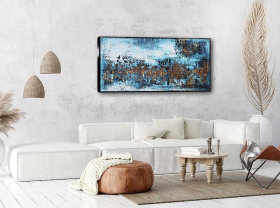 MARIN * 63" x 31.5" * ACRYLIC PAINTING ON CANVAS * WHITE * BLUE * GOLD