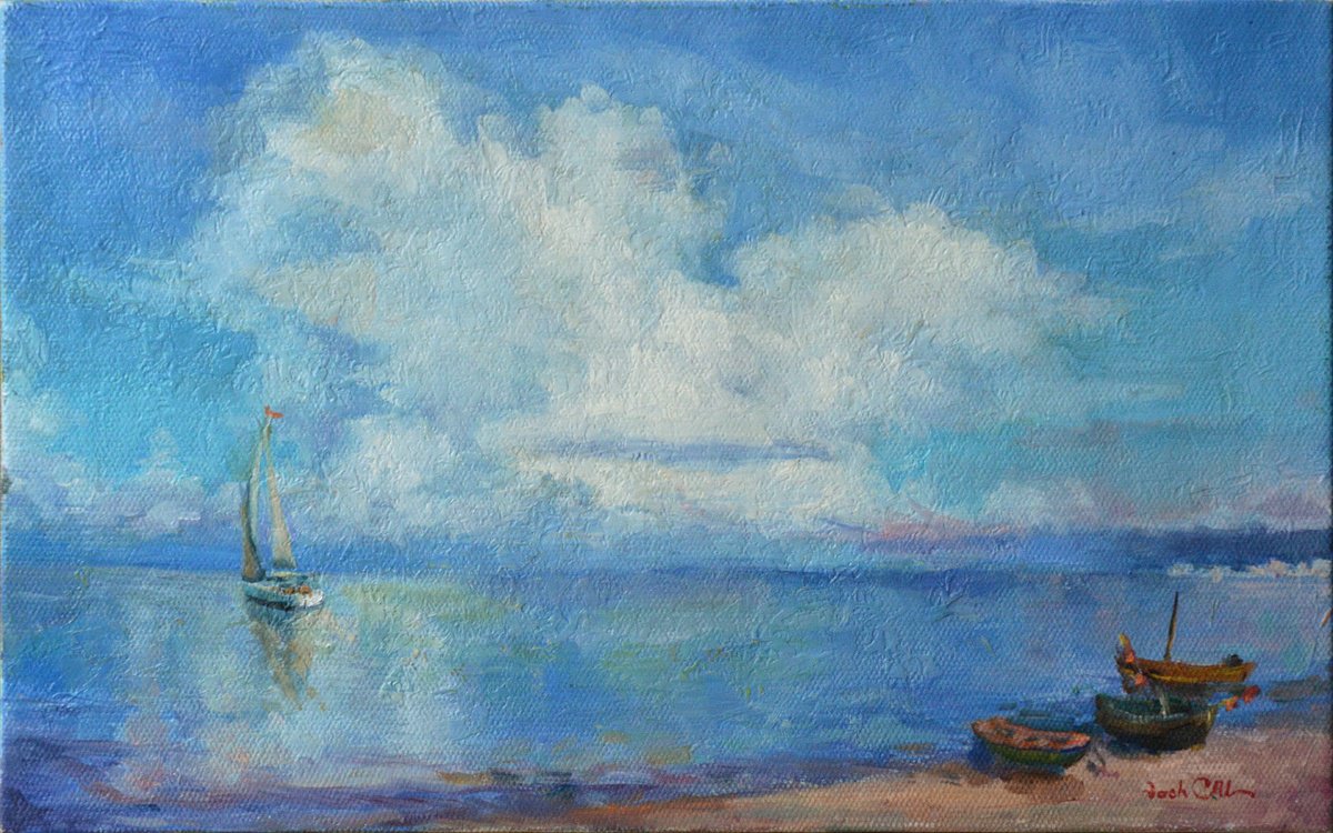 Photorealistic Landscape Oil Painting By Vachagan Manukyan, 16 X 10", Sea And White Clouds, Original Artwork