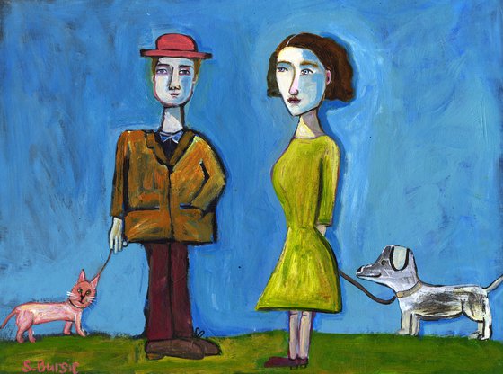A couple walking their cat & dog - Whimsical Figurative Quirky Art Met in the Park