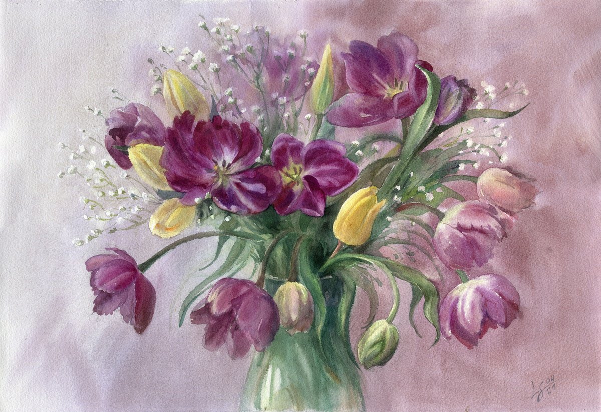 Impressionistic Botanical Watercolour By Svitlana Lagutina, 22 X 15", Lilac And Yellow Tulips, Original Artwork