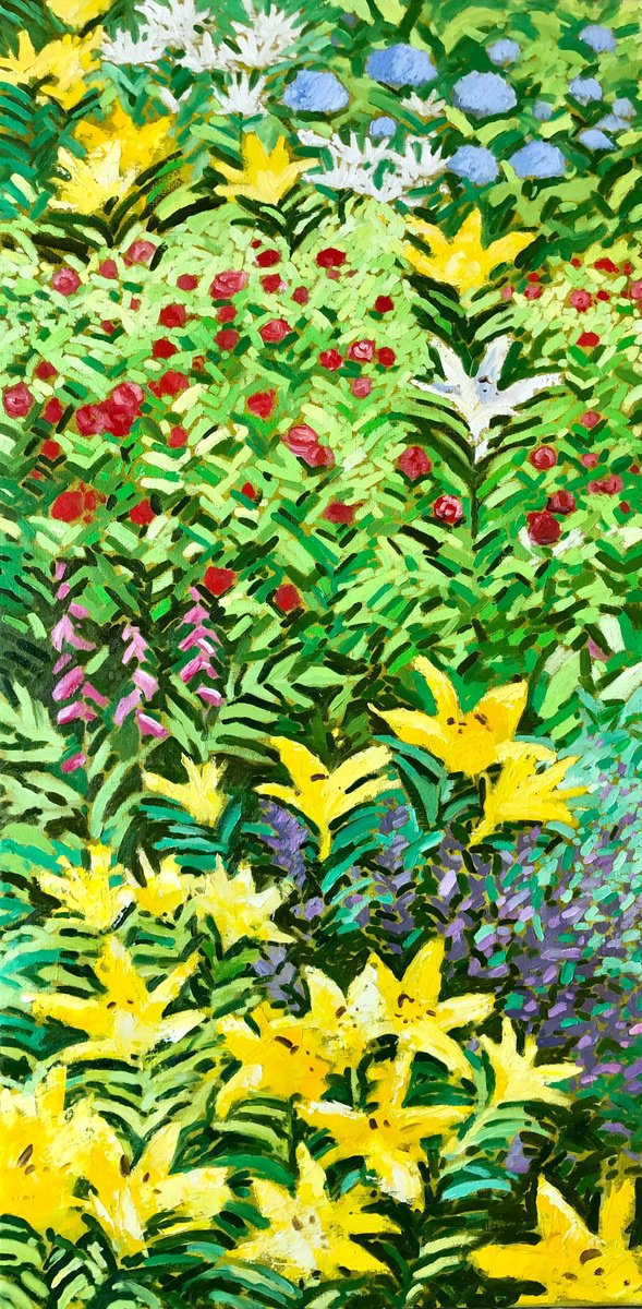 Impressionistic Botanical Oil Painting By Volodymyr Smoliak, 22 X 43", Summer Garden, Original Artwork