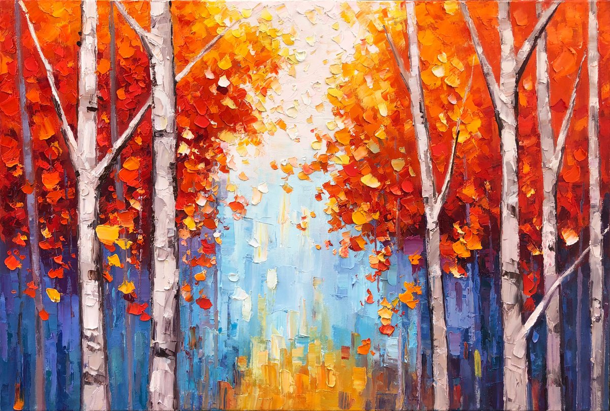 Impressionistic Landscape Acrylic Painting By Jianzhe Chon, 35 X 24, Birch Trees Forrest Z016, Original Artwork