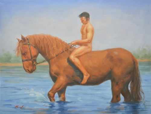 Oil paintingl art male nude and horse #16-4-4-10 by Hongtao Huang