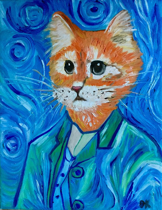 Ginger Cat inspired by Van Gogh Present idea  for cat lovers, FELINE ART