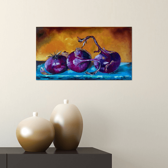 STILL LIFE WITH  RED ONIONS HOME DECOR purple blue and yellow