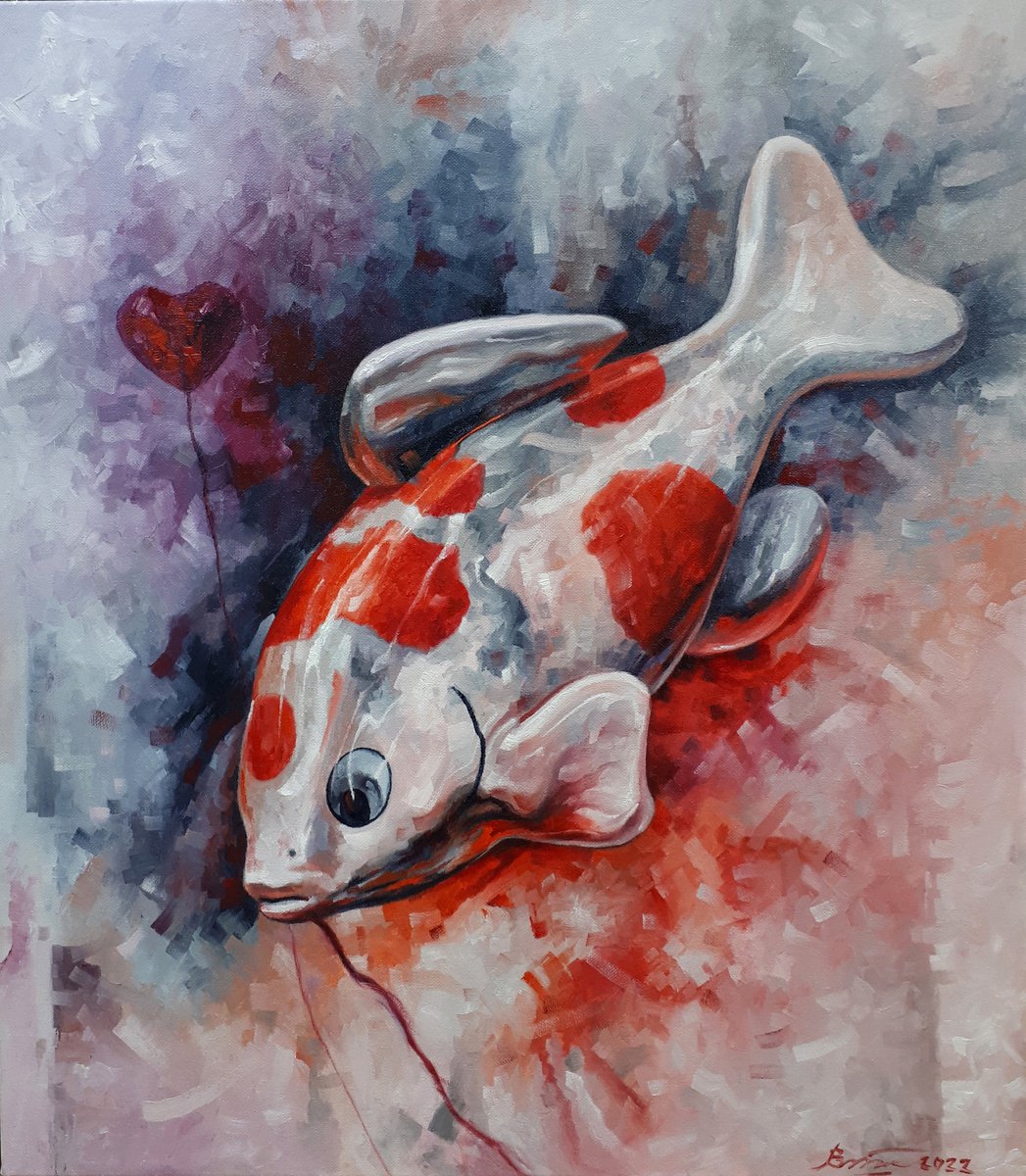Impressionistic Still Life Oil Painting By Serhii Voichenko, 28 X 32", Koi Balloon, Original Artwork