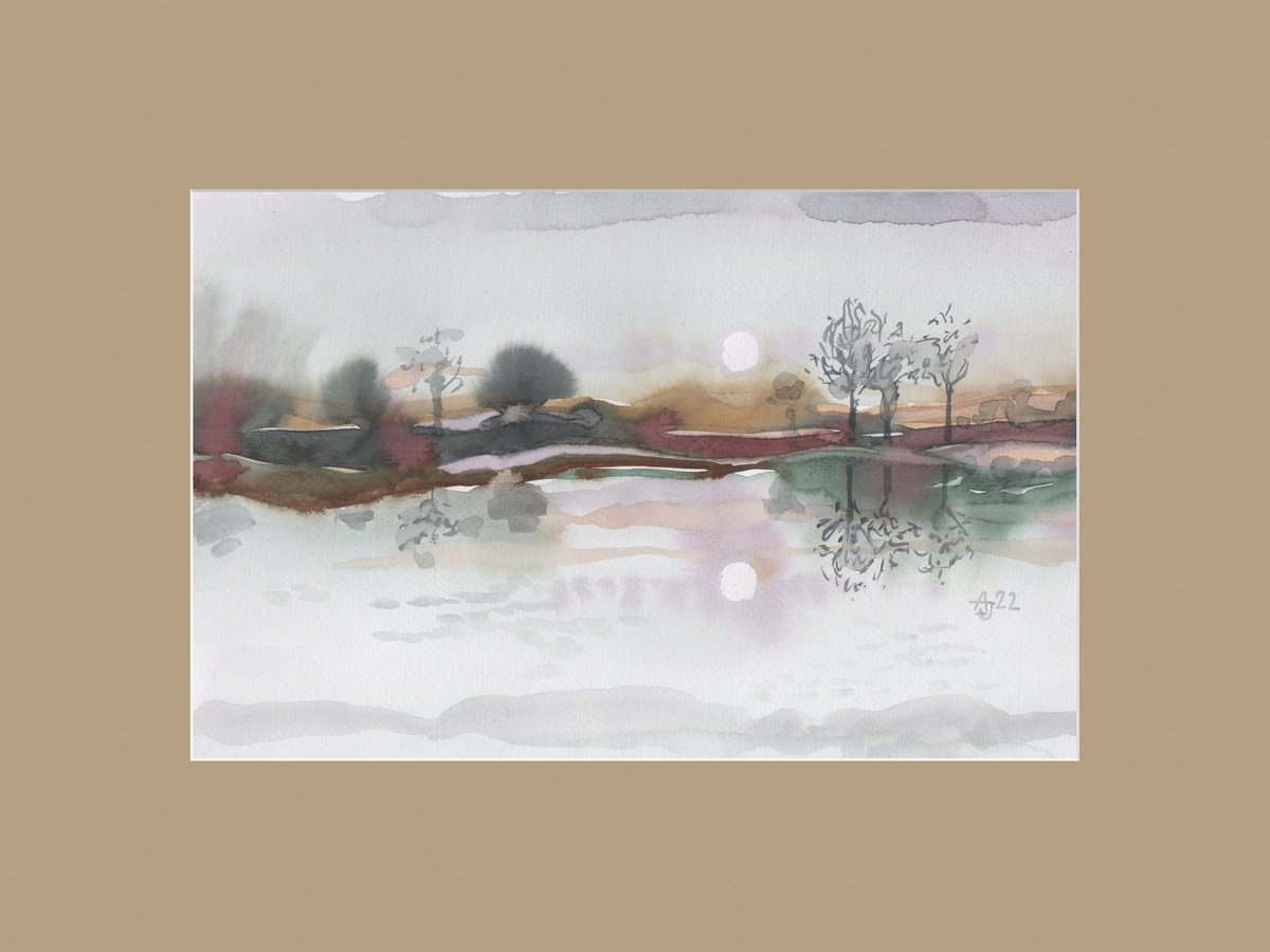 Impressionistic Landscape Watercolour By Jolanta Czarnecka, 16 X 12, Autumn Pool, Original Artwork