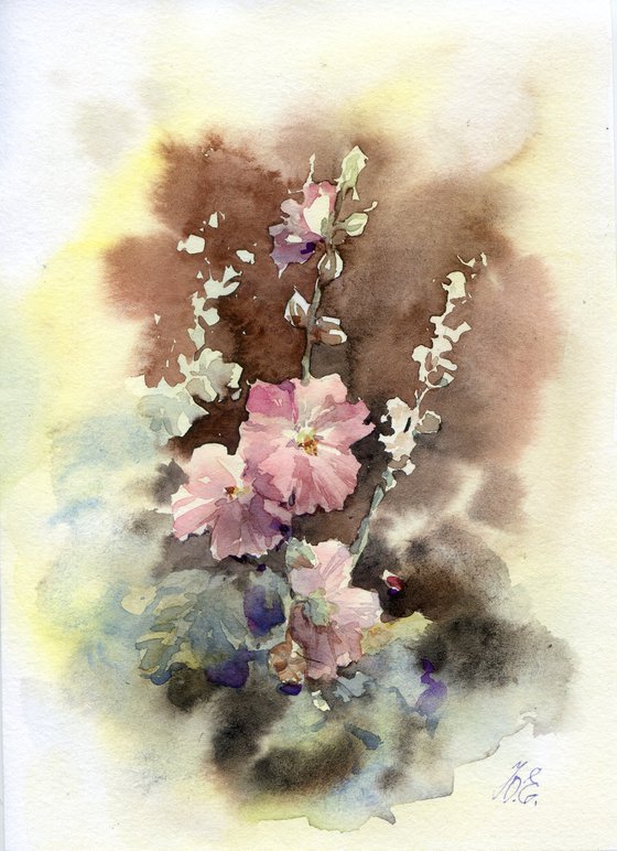 Pink Hollyhocks, Small watercolor art, Wild mallow flowers gift