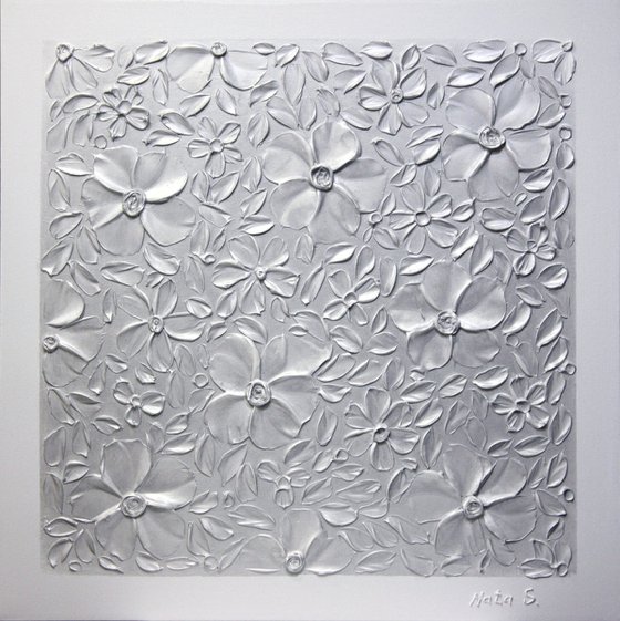 Spring Love - Silver Heavy Textured Acrylic Flowers Painting 61cm x 61cm