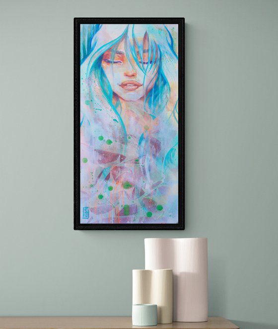 SOLD: Abstract young woman's portrait in blue: Singing inside.