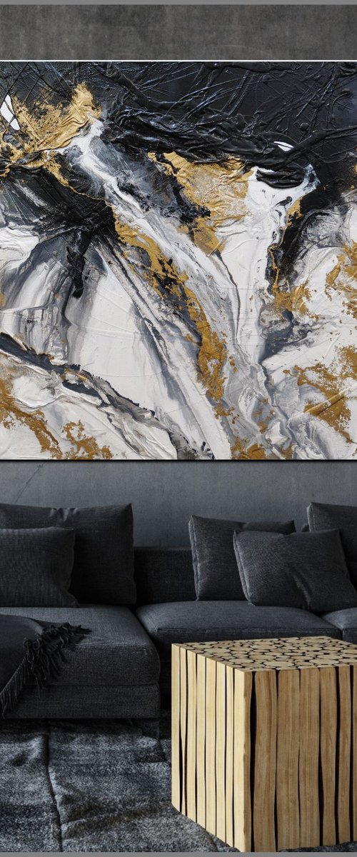 Gold and Pepper 200cm x 120cm Black Gold Textured Abstract Art by Franko