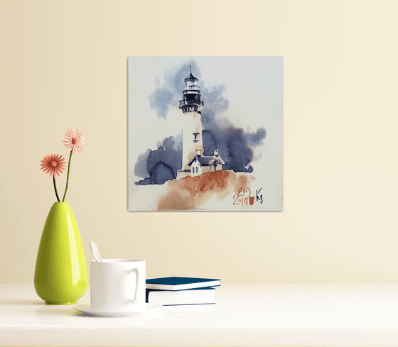 Landscape "Lighthouse. Storm at sea" original watercolor artwork in square format