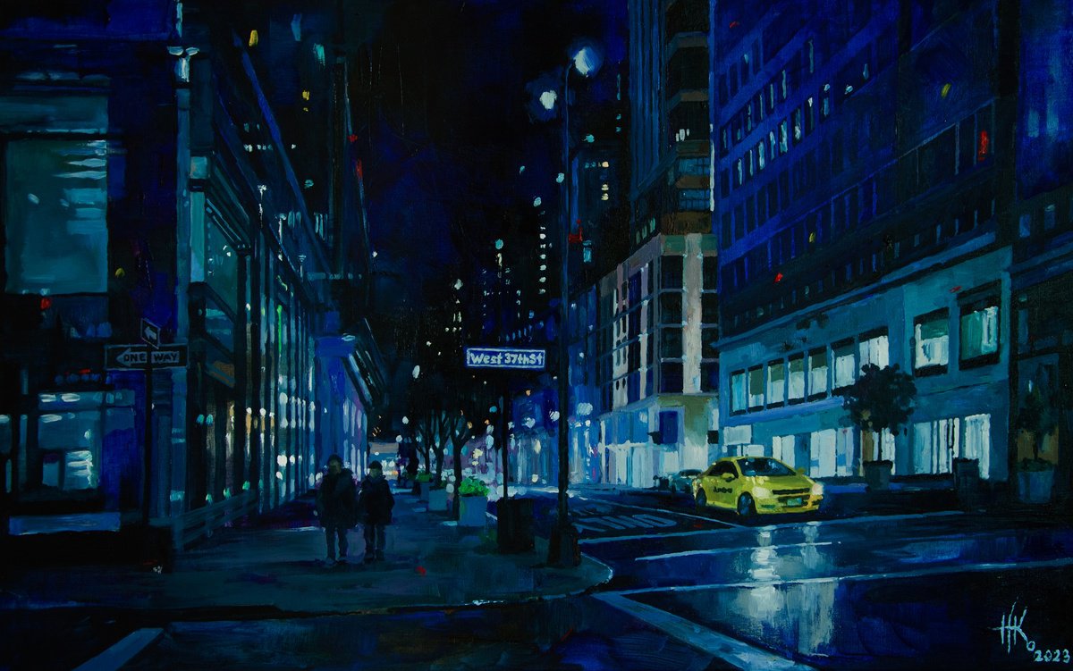 Expressive Cityscapes Oil Painting By Zhanna Kondratenko, 31 X 20", Midnight Stroll, Original Artwork