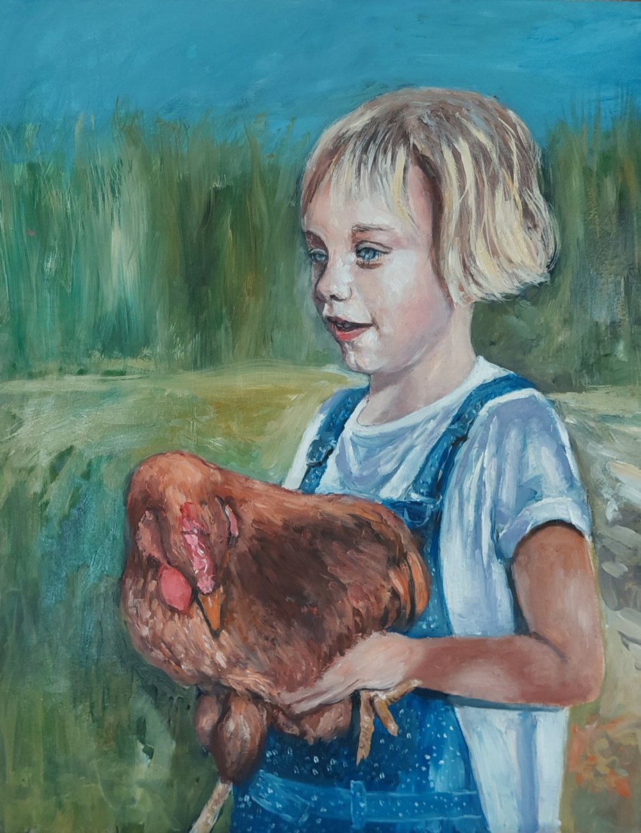 Impressionistic Animal Oil Painting By Els Driesen, 16 X 20, Girl With Chicken, Original Artwork