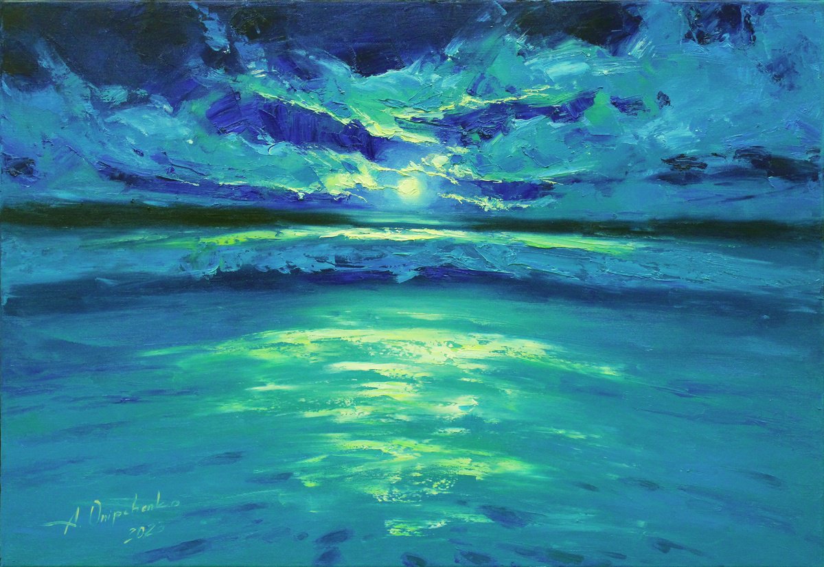 Night moment of moon and clouds by sea by Alisa Onipchenko-Cherniakovska