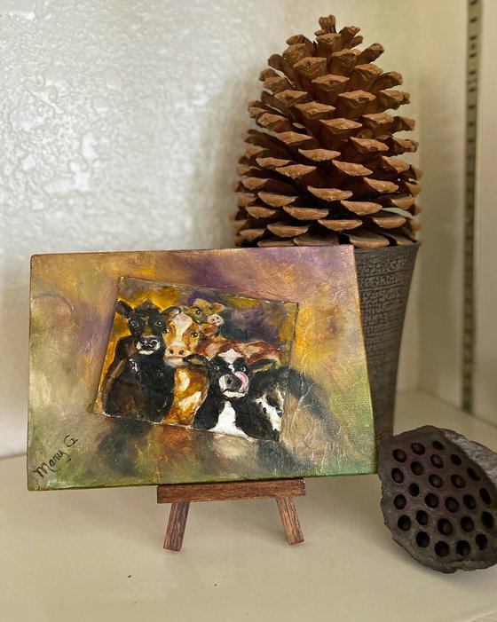 Humorous Selfie Oil painting collection on a 3x4 image on gessoed masonite on a gessoed panelboard with mini-easel