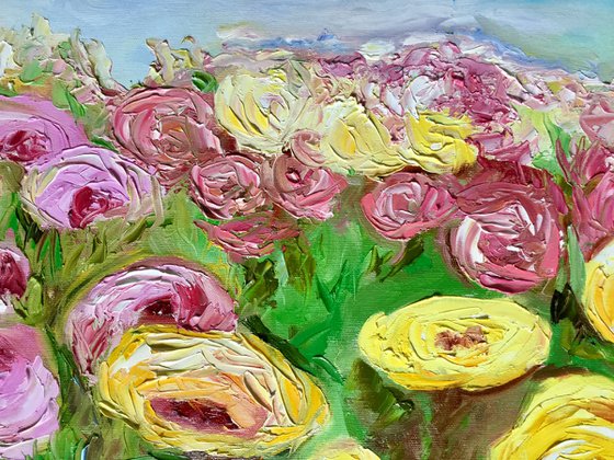 Large size WHITE PINK YELLOW PURPLE  ROSES in a Greenwich rose garden palette  knife modern still life  flowers office home decor gift