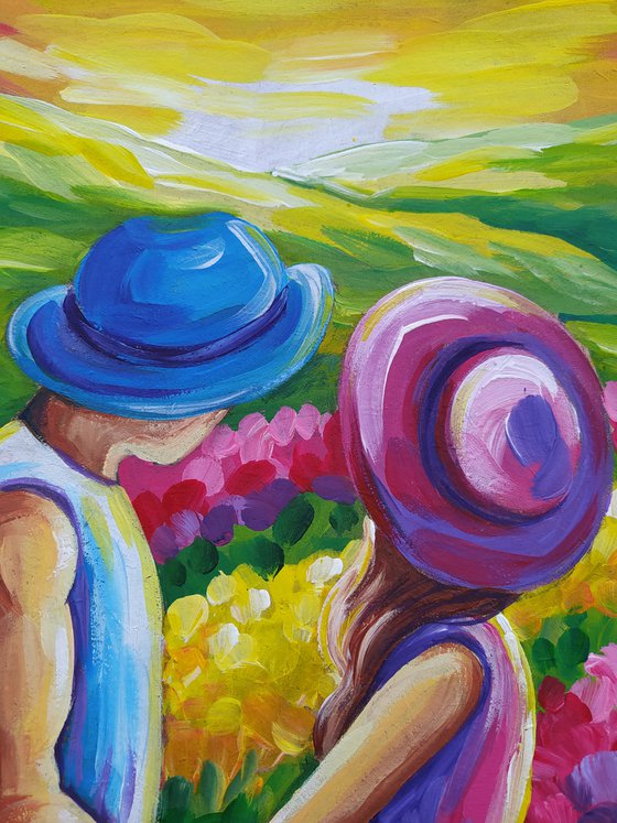 Love story - peace, acrylic painting, tulips, love, lovers, girl, woman, flowers, tulips field