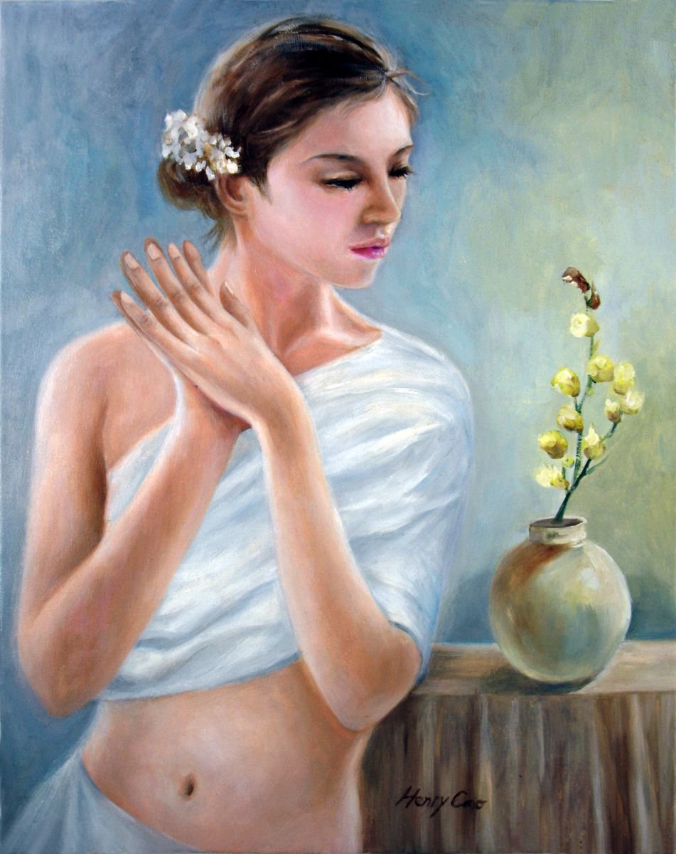 Surrealistic Portrait Oil Painting By Henry Cao, 16 X 20, Girl Is Beauty Like Flower, Original Artwork