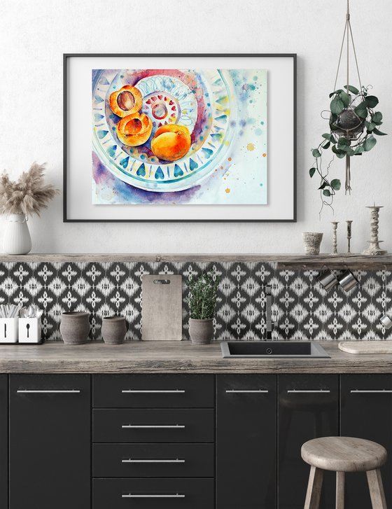 Apricots on a turkish plate - original watercolor turquoise patterns