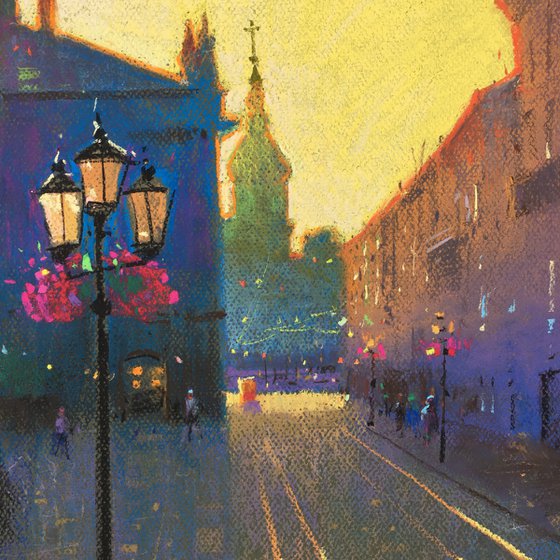 Light. Ukrainian city of Lviv. Soft pastel drawing 19.6x19.6 inch (50x50 cm)