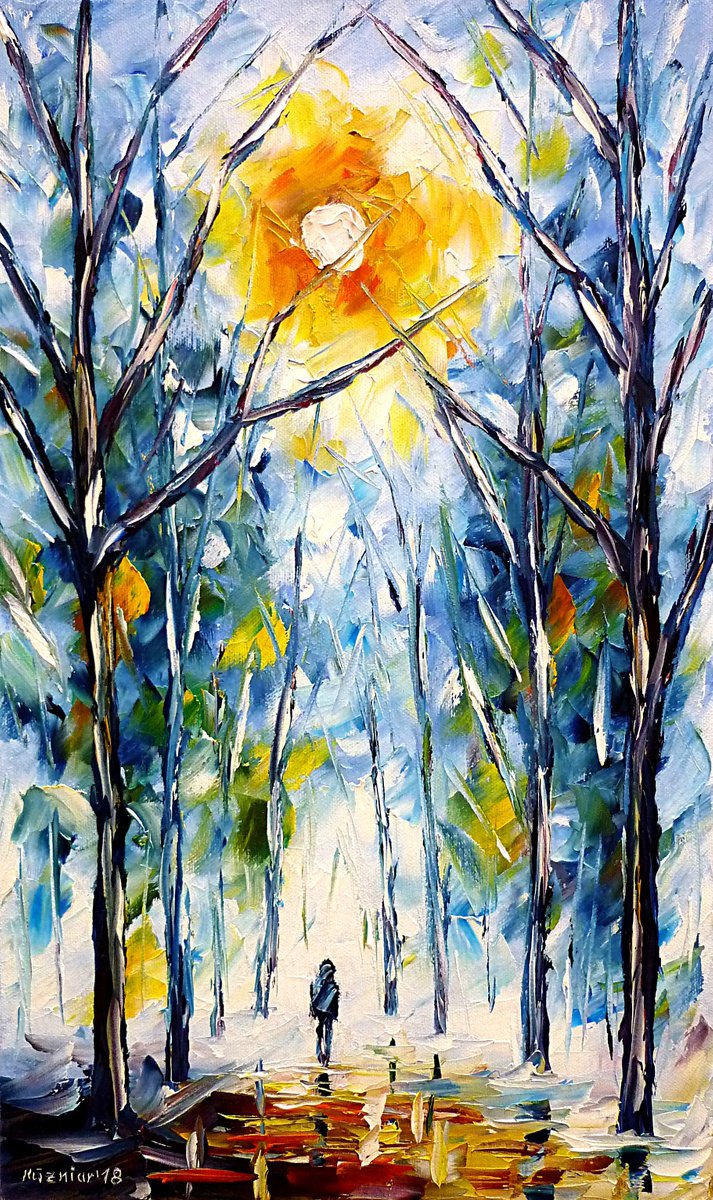 Expressive Landscape Oil Painting By Mirek Kuzniar, 12 X 20", Winter Sun, Original Artwork