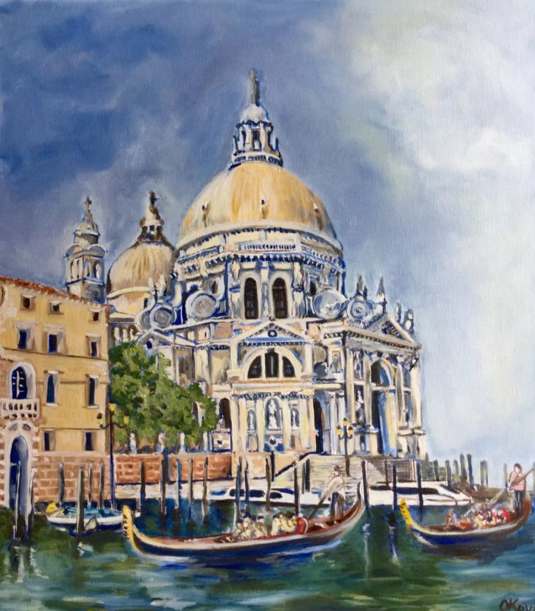 Impressionistic Cityscapes Oil Painting By Olga Koval, 18 X 20", Santa Maria Della Salute ., Original Artwork