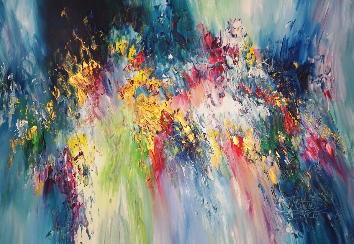 Abstract Acrylic Painting By Peter Nottrott, 61 X 41", Daydream In Gold D 1, Original Artwork