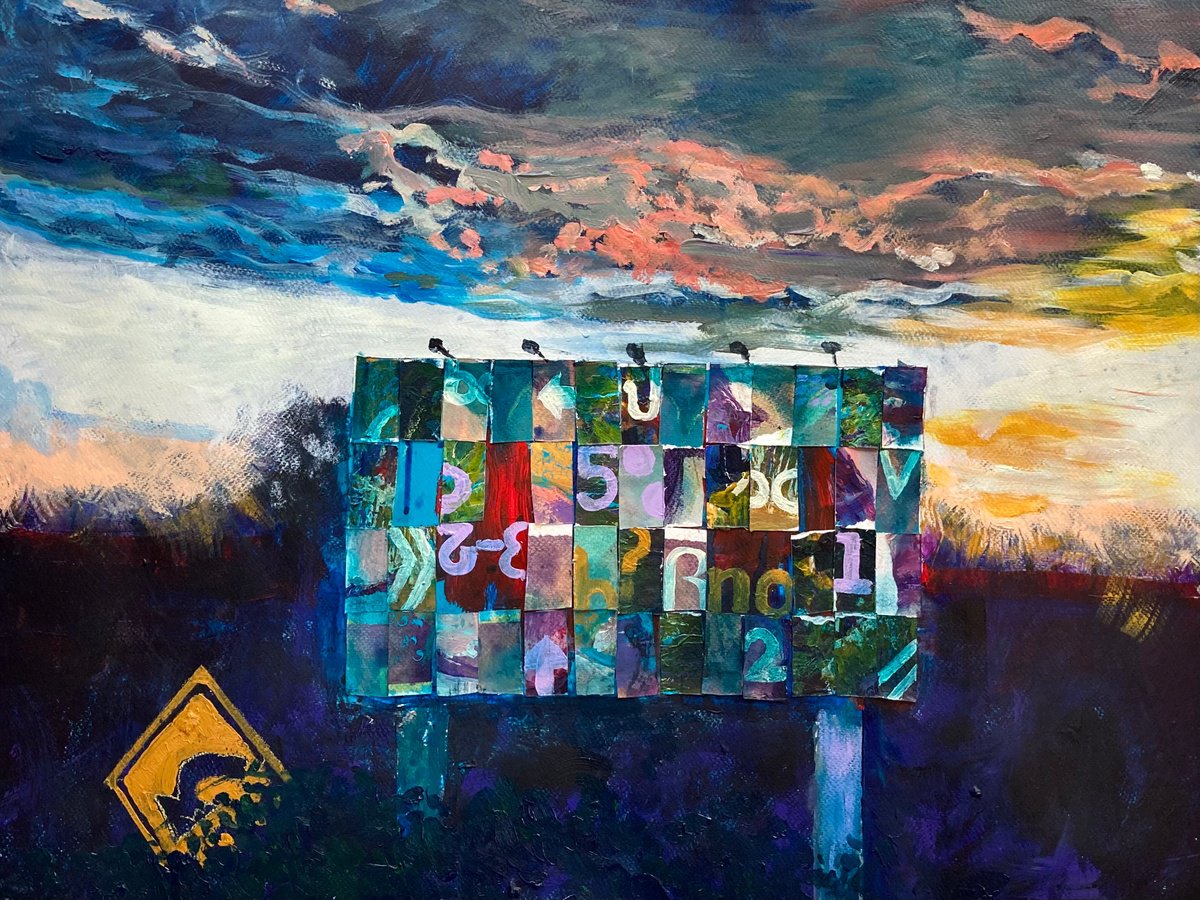 Impressionistic Landscape Acrylic Painting By John Cottee, 30 X 22, Billboard At End Of World, Original Artwork