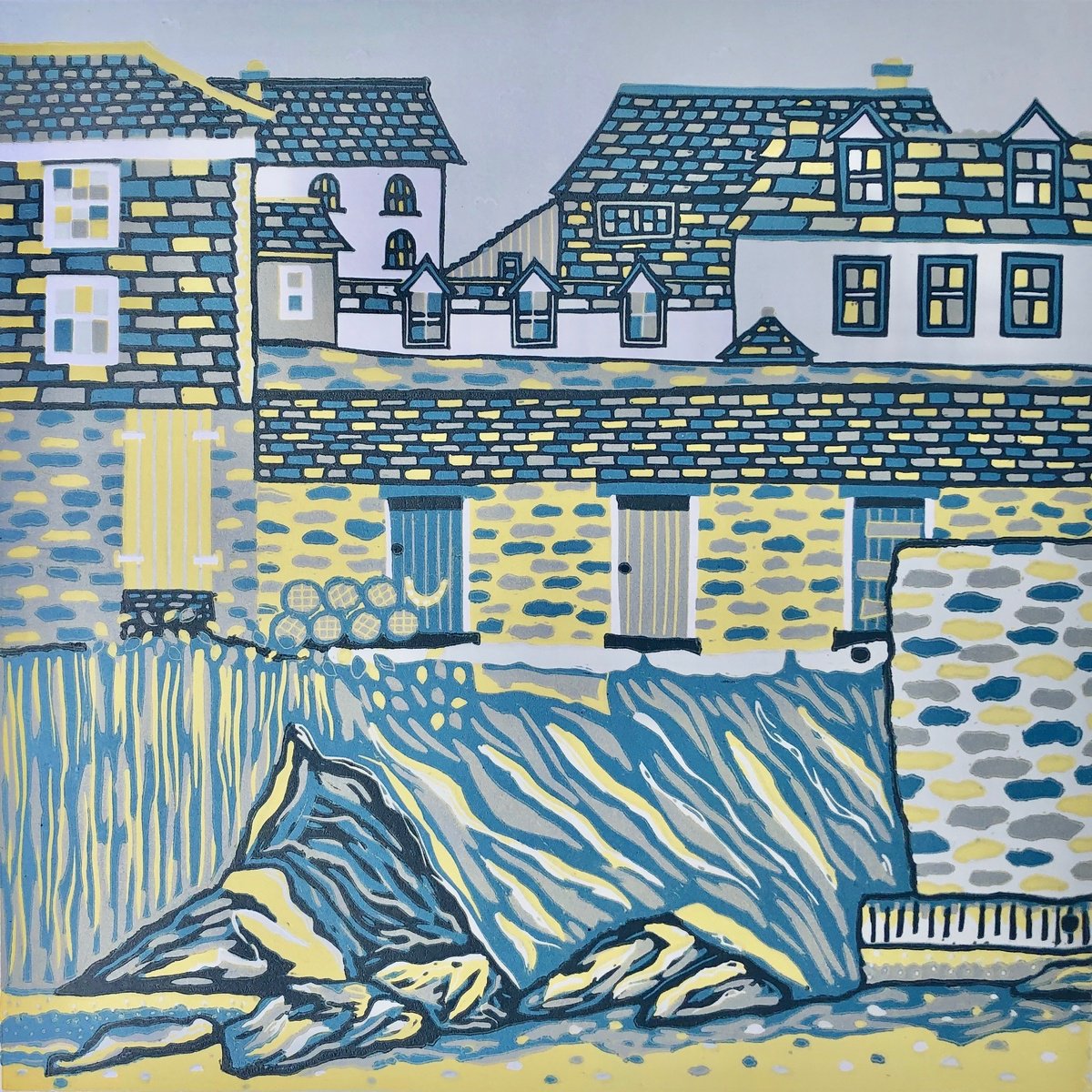 Illustrative Cityscapes Linocut By Nathalie Pymm Art, 12 X 12", Old Fish Cellars, Original Artwork
