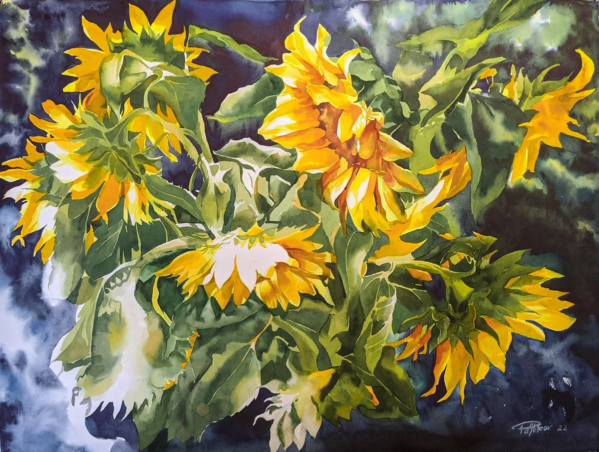 Impressionistic Botanical Watercolour By Yurii Pashkov, 30 X 22", Sunflowers#3, Original Artwork