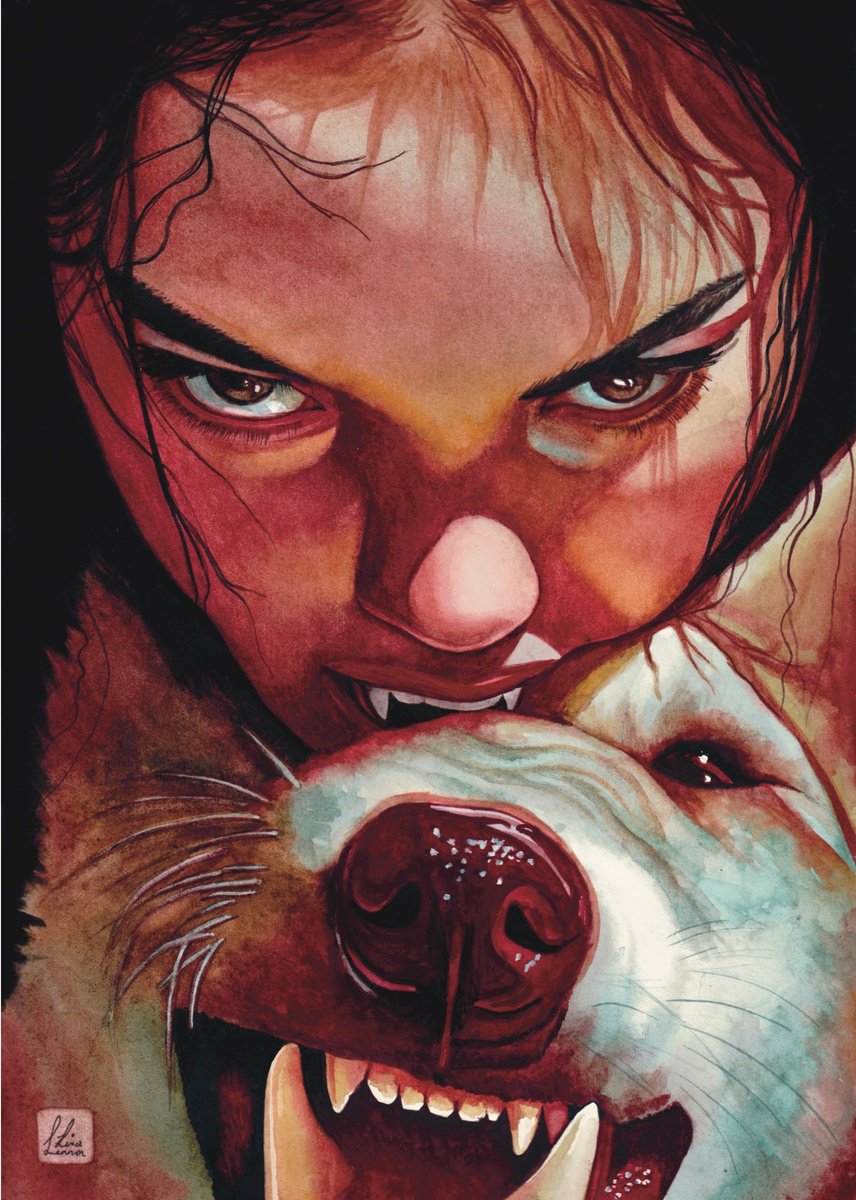 Surrealistic Portrait Watercolour By Lisa Lennon, 9 X 13", A Girl And Her Dog, Original Artwork